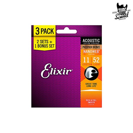 Elixir 16544 Pack 2+1 Electric Phosphor Bronze Nanoweb Custom Light 11-52