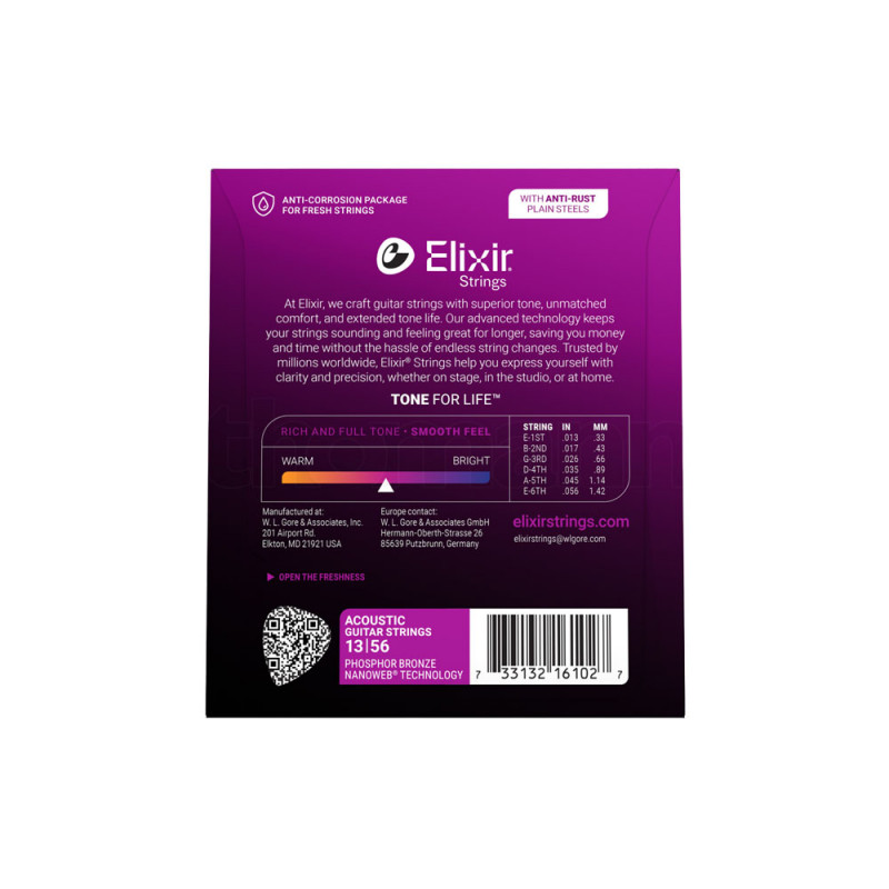 Elixir 16102 Phosphor Bronze Nanoweb Acoustic Medium 13-56