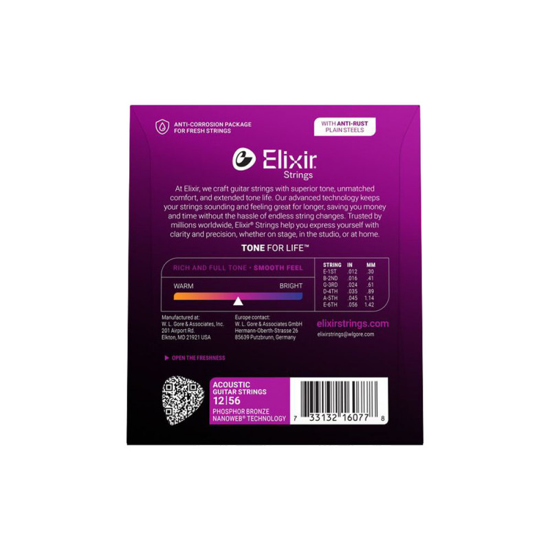 Elixir 16077 Phosphor Bronze Nanoweb Acoustic Light-Medium 12-56