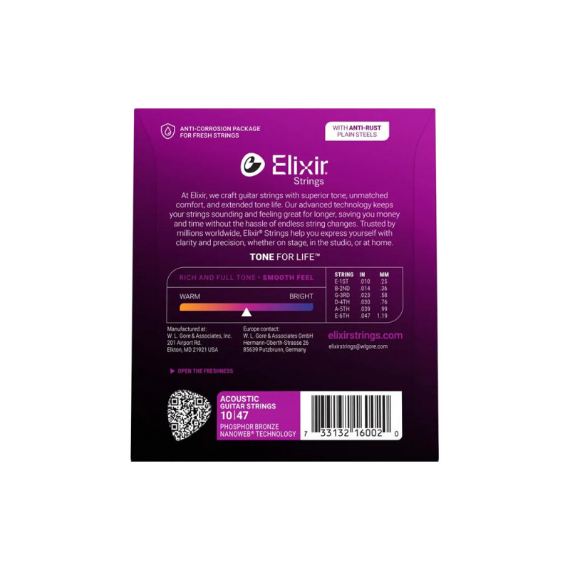 Elixir 16002 Phosphor Bronze Nanoweb Acoustic Extra Light 10-47