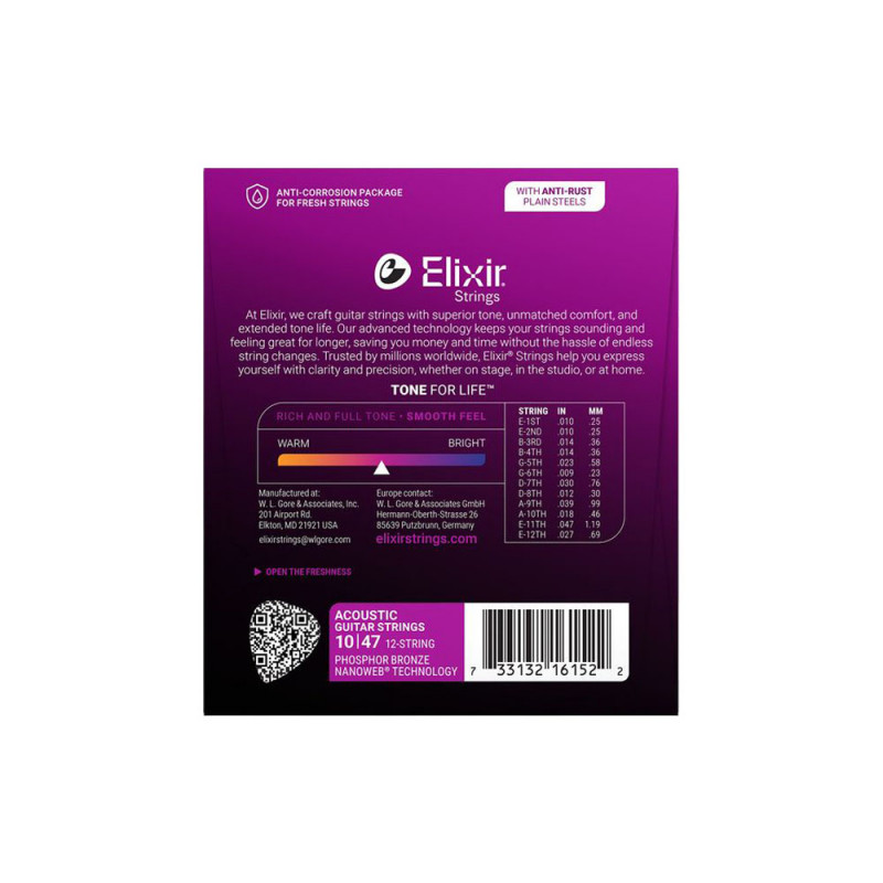 Elixir 16152 Phosphor Bronze Nanoweb Acoustic 12 String Light 10-47
